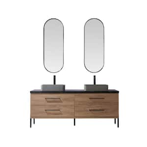 Trento 72 in. W x 21.7 in. D x 34.6 in. H Double Concrete(S) Sink Bath Vanity in Oak with Black Sintered Top and Mirror