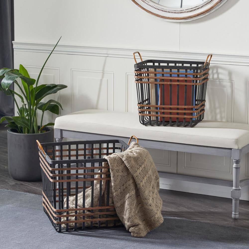 Black and Brown Seagrass Rectangular Storage Baskets with Handles, Set of 2