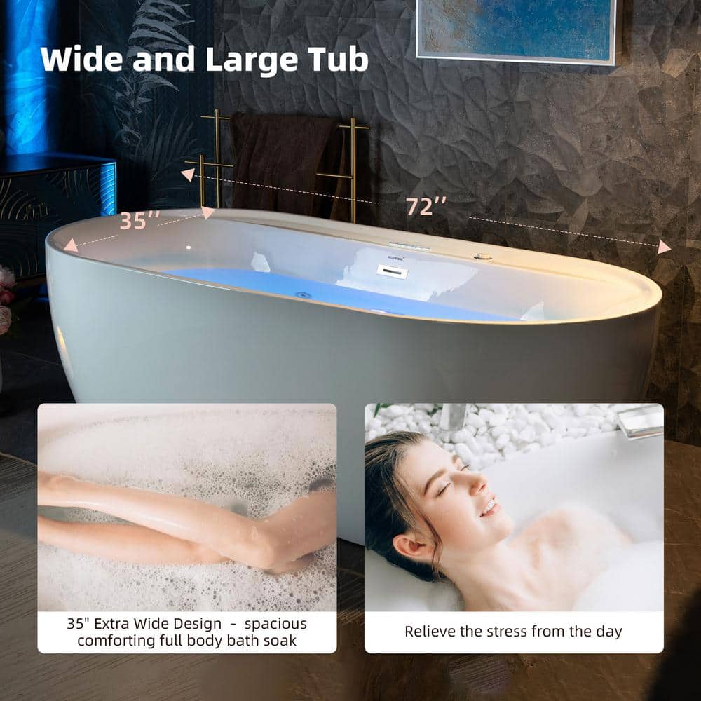 72" White Acrylic Freestanding Heated Whirlpool Tub