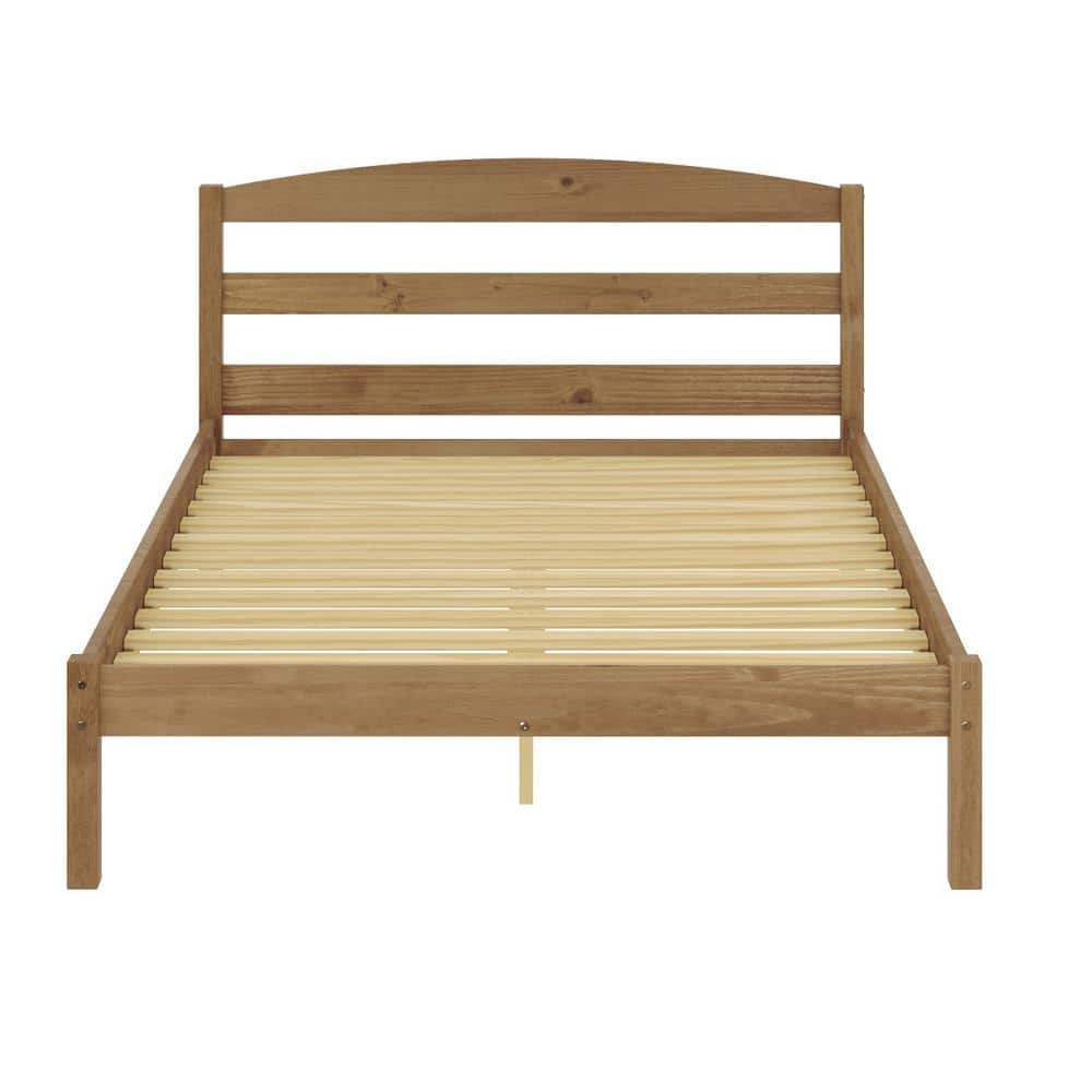 Dwell Home Inc Alexander Brown Oak Pine Wood Frame, Full Platform Bed with Headboard and Wooden
