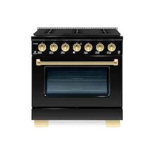 BOLD 36" 5.2CuFt. 6 Burner Freestanding Dual Fuel Range with Gas Stove and Electric Oven, Glossy Black with Brass Trim