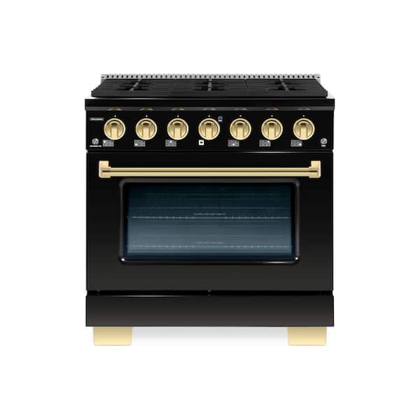 Hallman BOLD 36" 5.2CuFt. 6 Burner Freestanding Dual Fuel Range with Gas Stove and Electric Oven, Glossy Black with Brass Trim