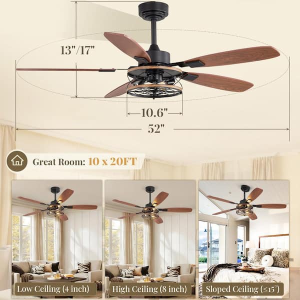 52 in. Black Indoor 6 Speeds Reversible Farmhouse Caged Ceiling Fans with Lights and Remote and Dual Finish 5 Blades