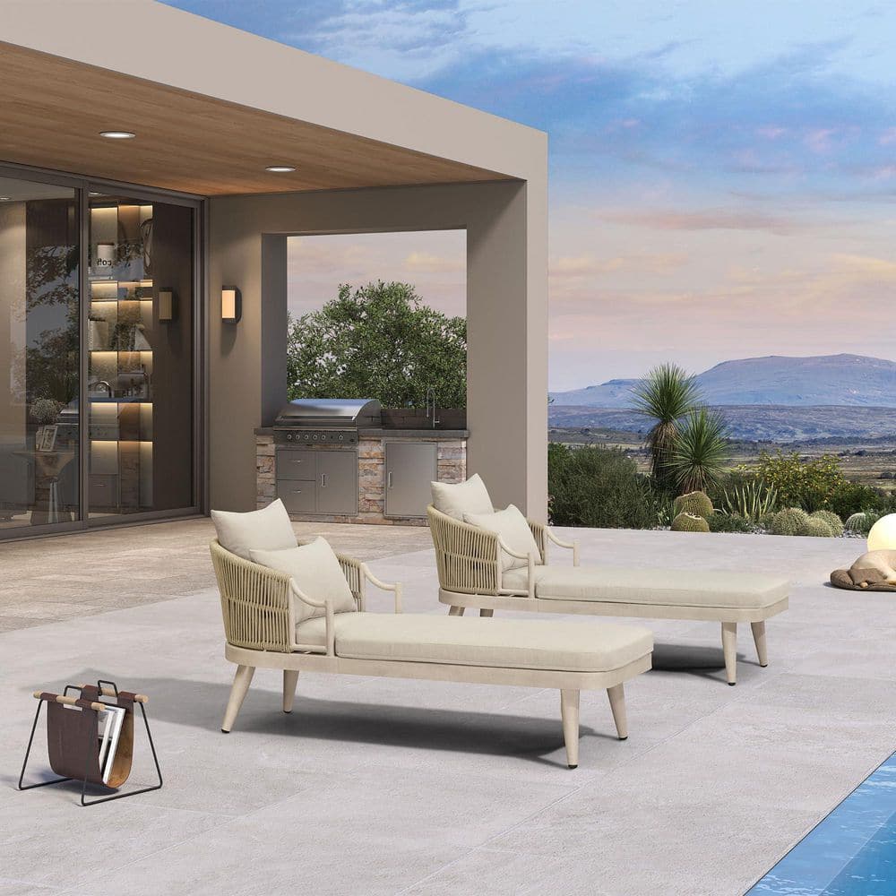 Modern Aluminum Outdoor Lounge Chaise Set of 2 with Soft Cushion, Supportive armrests, 180° wraparound back, Matte White