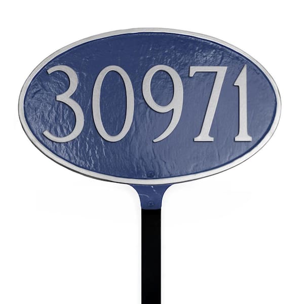 Classic Oval Standard Address Sign Plaque with Lawn Stake - Sea Blue/Silver