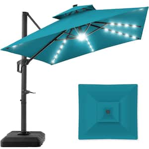 10 ft. Solar LED 2-Tier Square Cantilever Patio Umbrella with Base Included in Cerulean