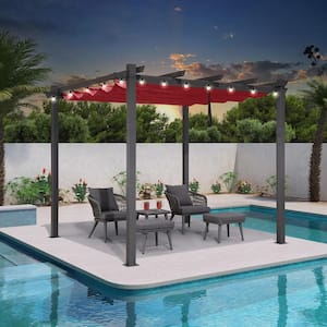 10 ft. x 10 ft. Gray Aluminum Frame Morden Pergola with Red Retractable Sun Shade Canopy and String Lights for Garden