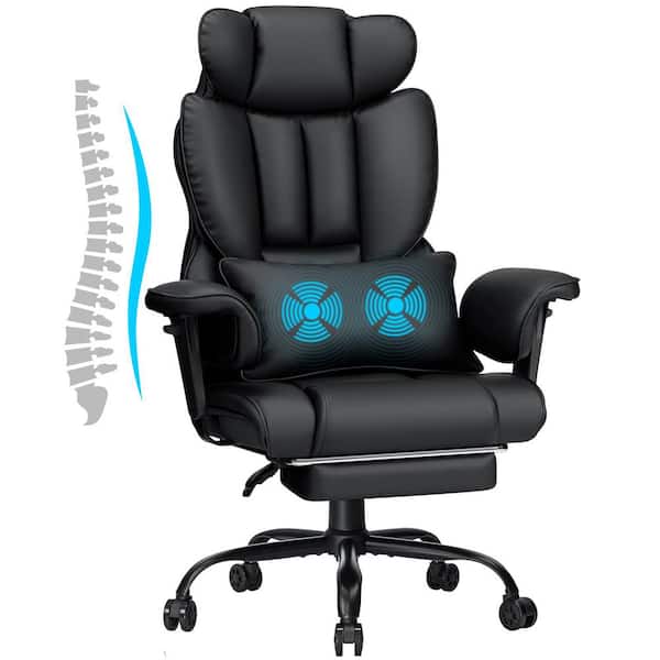 Faux Leather Reclining Ergonomic Executive Chair in Black with Massage Lumbar Pillow and Adjustable Arms