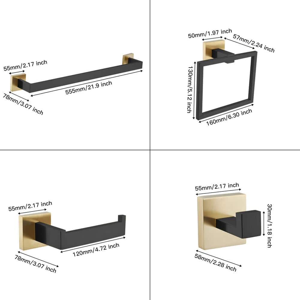 Matte Black and Gold Stainless Steel 5-Piece Bathroom Hardware Set