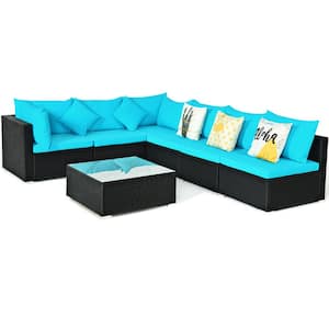 Island 7-Piece Wicker Patio Conversation Set with Turquoise Cushions