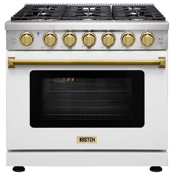 36 in. 6 Burners Freestanding Natural Gas Range with 6.0 cu. ft. Convection Oven in White with Bronze Handle