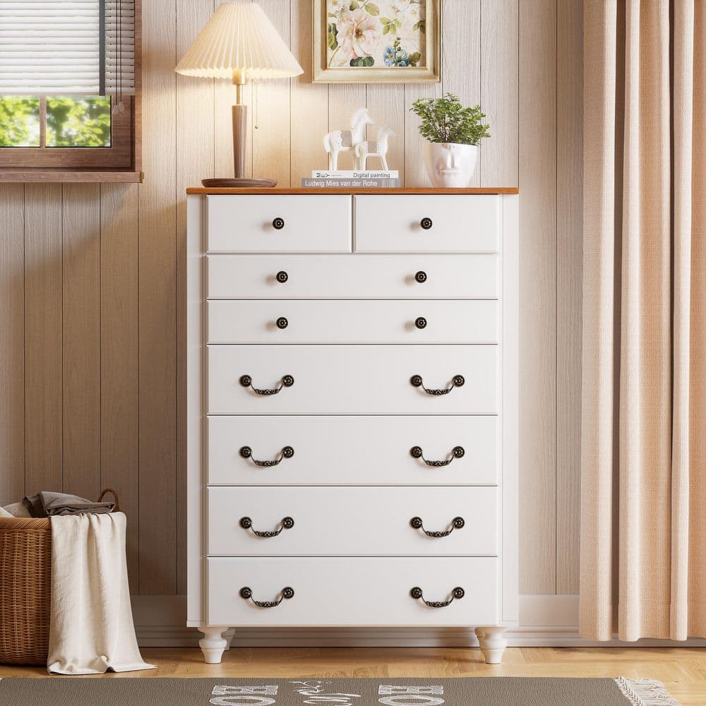 White 8-Drawers 32.68 in. Dresser Chests For Bedroom, Tall Chest Of Drawers For Bedroom, W/4 Solid Wood Feet -  PAKASEPT, TTR0046wxx