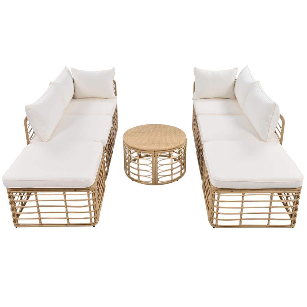 7-Piece Outdoor Patio Furniture, Wicker Conversation Sets with Beige Thick Cushions and Pillows