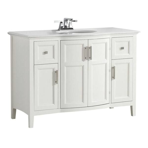 Simpli Home Winston 48 in. Bath Vanity in Soft White with Quartz Marble Vanity Top in Bombay White with White Basin