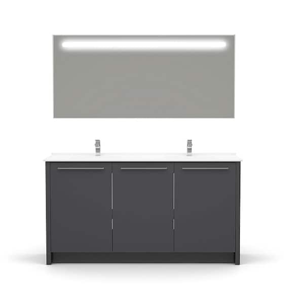 CASA MARE Benna 63 in.W x 20 in. D Vanity In Glossy Gray With Acrylic Top in White with Double White Basin and Mirror