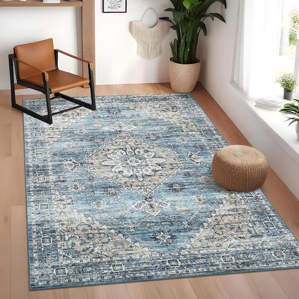 Vintage Printed Distressed Floral Carpet Nonslip Thin Carpet Bedroom Living Room Farmhouse Blue 10 ft. x 13 ft. Area Rug