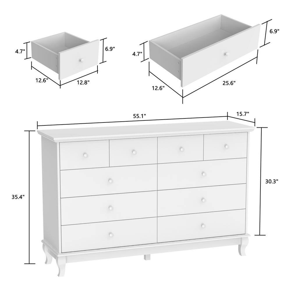 White 10-Drawer 55.1 in. W Wood Paint Finish Dresser Chest of Drawers Cabinet - thumbnail 3