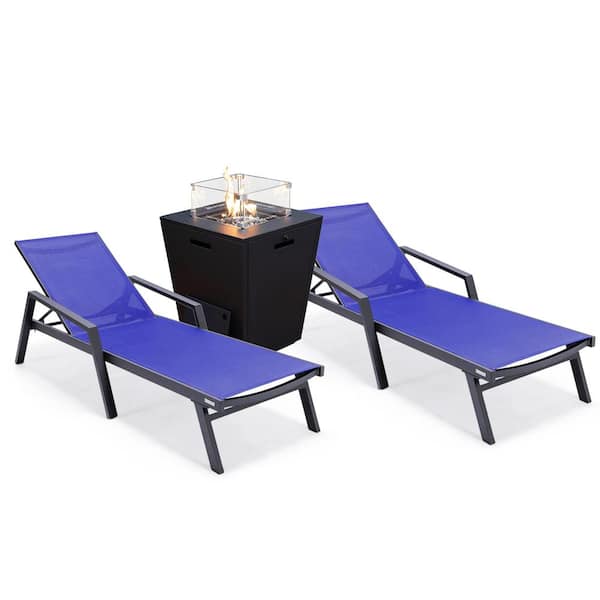 Leisuremod Marlin Modern Black Aluminum Outdoor Chaise Lounge Chair With Arms Set of 2 and Fire Pit Table, Navy Blue