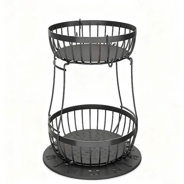 2 Tiers Black Metal Fruit Basket for Kitchen Counter with 2 Banana Hangers, with Circular Feet, Metal Fruit Bowl