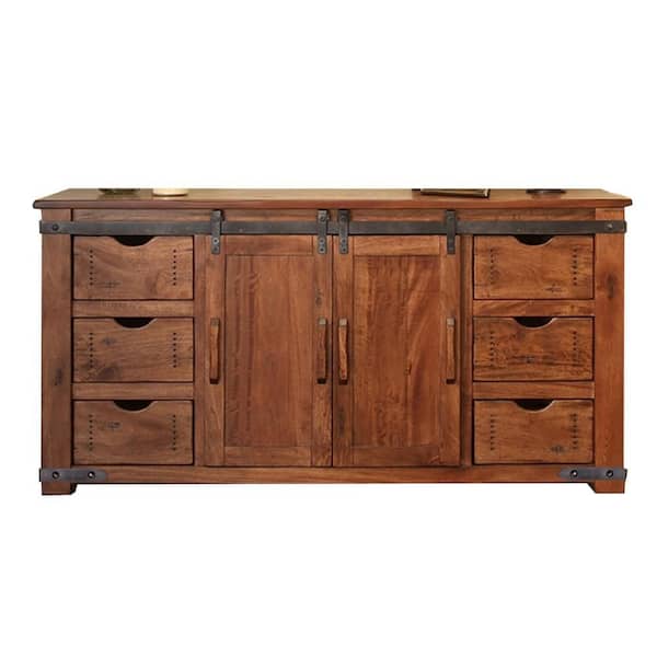 Benjara 70 in. Brown and Black Wood TV Stand Fits TVs up to 75 in. with 6-Drawers