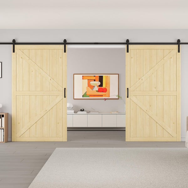 EH PUERTA 96 in. x 84 in. Paneled K-Shape Soft Close Solid Pine Wood Unfished Barn Door Slab with Installation Hardware Kit