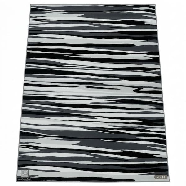 5'x7' Modern Abstract Striped Rug, Non Slip Washable Carpet Black Grey White