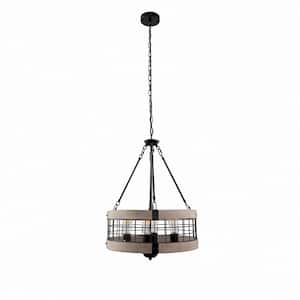 Black and Grey Wood Farmhouse Chandelier for Dining Room, 4-Light Pendant Kitchen Island Lighting,for Entryway Bedroom