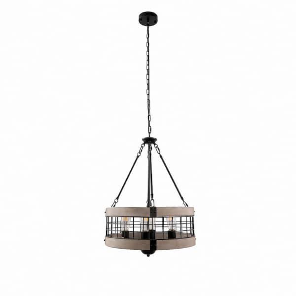 YANSUN Black and Grey Wood Farmhouse Chandelier for Dining Room, 4-Light Pendant Kitchen Island Lighting,for Entryway Bedroom