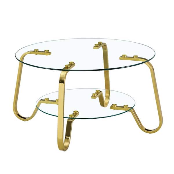 Sudzendf 31.5 in. W Double-Layer Gold Metal Outdoor Coffee Table with Tempered Glass Top