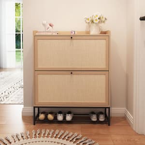 Natural Wooden Shoe Storage Cabinet with Flip-Up Drawer (9.25 in. D x 31.5 in. W x 39.37 in. H)