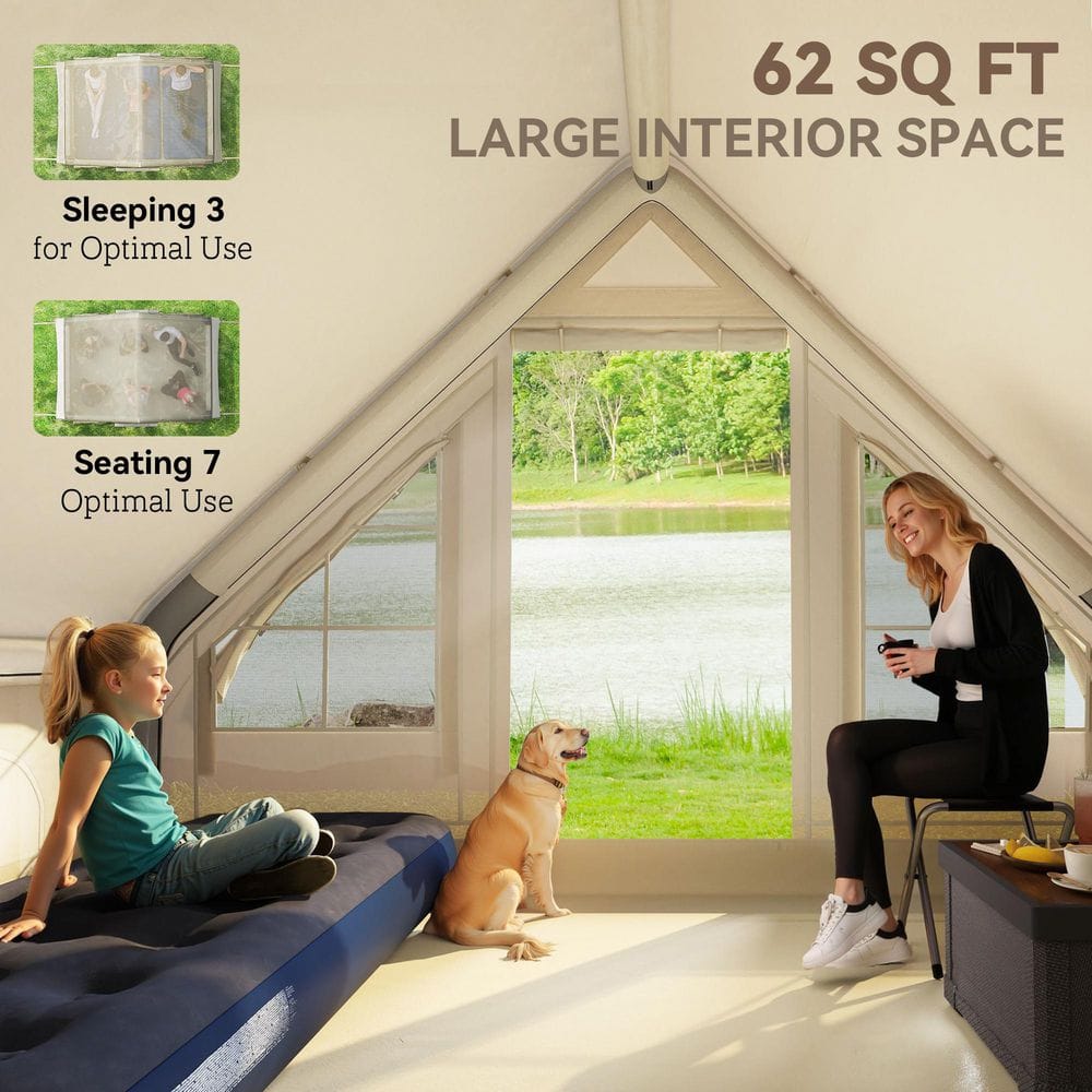 White Inflatable 3-Person Cabin Tent with Mesh Windows and Doors