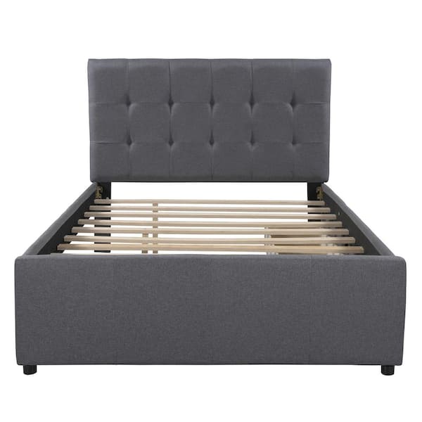 Utopia 4niture Cadence 54.3 in. W Gray Linen Wood Frame Full Platform Bed with Headboard and 2-Drawers
