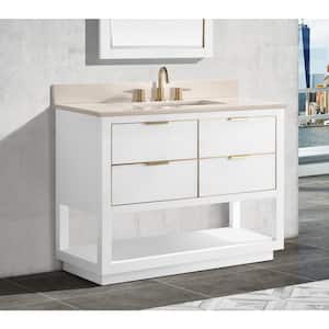 Allie 43 in. W x 22 in. D Bath Vanity in White with Gold Trim with Marble Vanity Top in Crema Marfil with White Basin