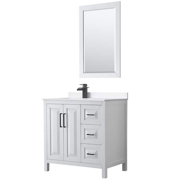 Wyndham Collection Daria 36 in. W x 22 in. D x 35.75 in. H Single Bath Vanity in White with White Cultured Marble Top and 24 in. Mirror