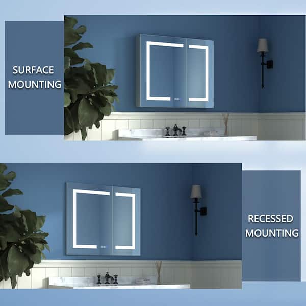 ExBrite 30 in. W x 26 in. H Medium Rectangular Silver Aluminum Recessed/Surface Mount Medicine Cabinet with Mirror and LED
