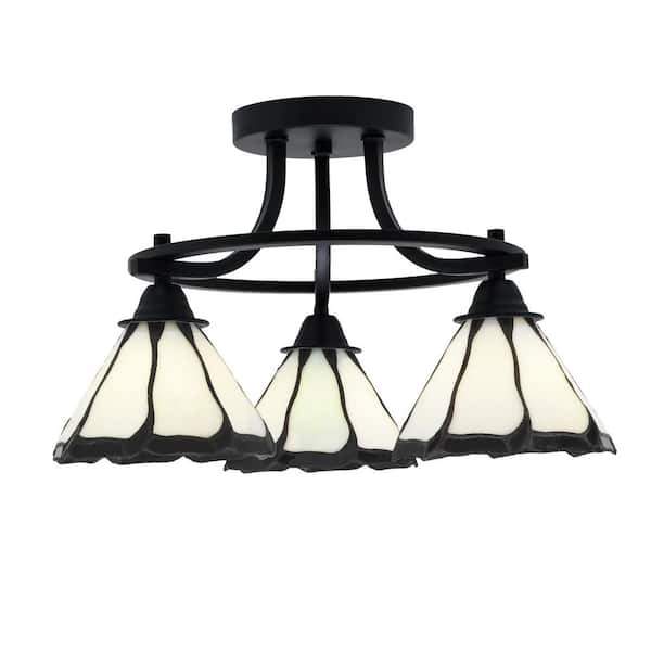 Lighting Theory Madison 3-Light Semi-Flush Shown In Matte Black Finish With 16.5 in. Pearl and Black Flair Art Glass