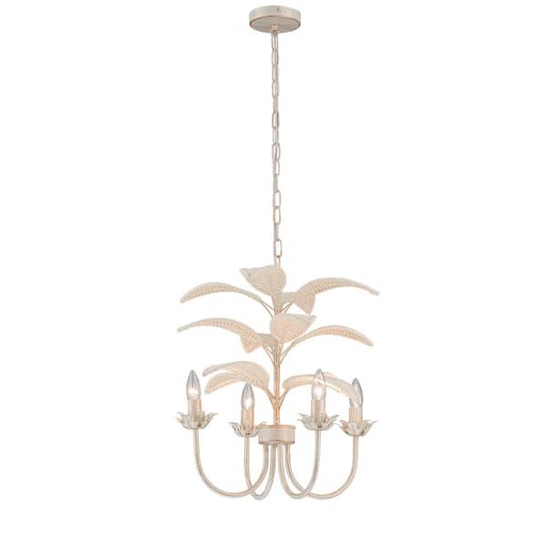Lana 4-Light Modern Coastal Mini Chandelier Handwoven Rattan Leaf Boho Kitchen Light in White