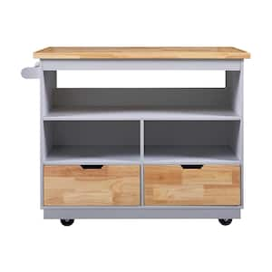 Grey Blue Rubberwood Kitchen Cart with Towel Holder and Spice Rack