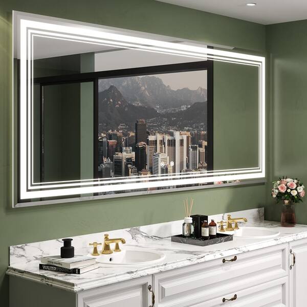 Adrinfly LED 84 in. W x 32 in. H Large Rectangular Frameless Dimmable Front-Lighted Wall Bathroom Vanity Mirror in Silver