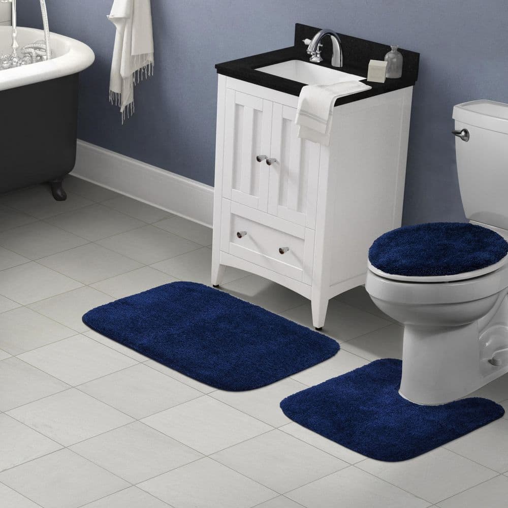 Navy Blue Plush Rectangle Contour Bath Rug Set