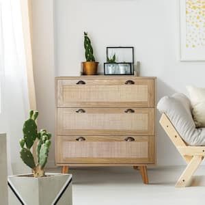 35 in.Oak Yellow Buffet Sideboard With Particle Board and Pinewood Legs, Natural Rattan Decor Drawers