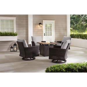 Lakeline 5-Piece Brown Metal Outdoor Patio Fire Pit Swivel Seating Set with CushionGuard Stone Gray Cushions