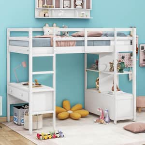 White Twin Size Wooden Loft Bed with Storage Shelves, Built-in Desk and 6 Drawers