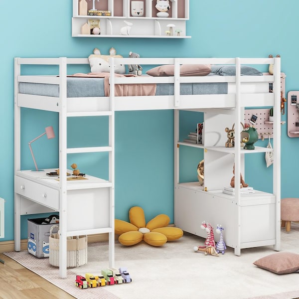 Harper & Bright Designs White Twin Size Wooden Loft Bed with Storage Shelves, Built-in Desk and 6 Drawers
