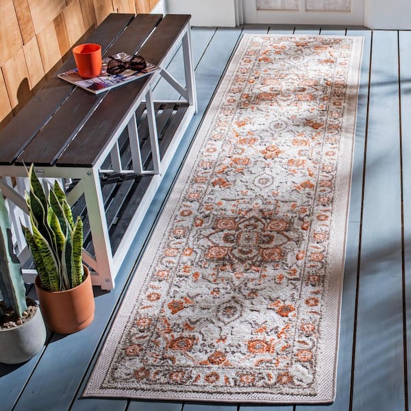 Cabana Beige/Orange 2 ft. x 5 ft. Border Medallion Floral Indoor/Outdoor Runner Rug