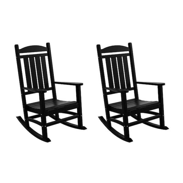 Laguna 3-Piece Classic Outdoor Patio Fade Resistant Plastic Rocking Chairs and Round Side Table Set in Black