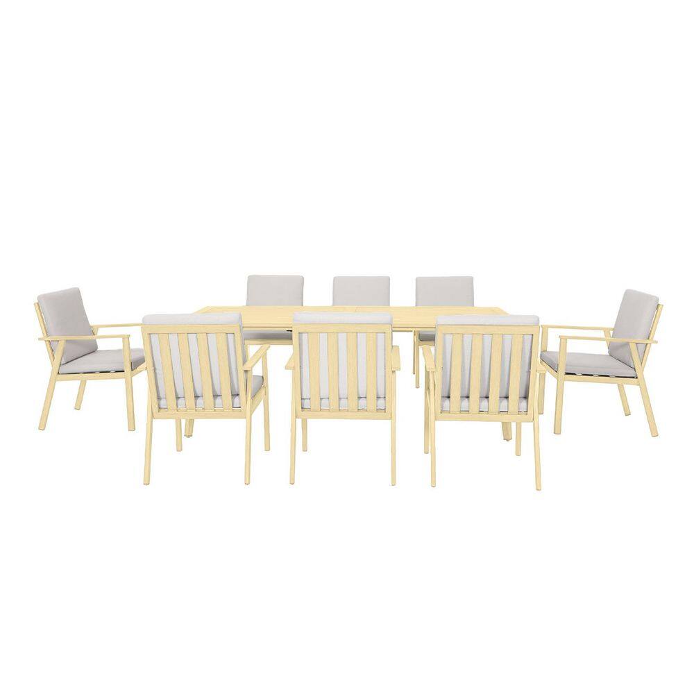 Alulux Light Brown Wood 9-Piece Aluminum Outdoor Dining Set with Rectangular Dining Table and Beige Cushions