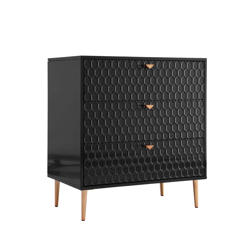 Boyel Living Black Honeycomb pattern 3-Drawers Storage Accent Chest with Golden Stands and Adjustable feet -  CHD-1472A-K-BK