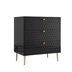 Black Honeycomb pattern 3-Drawers Storage Accent Chest with Golden Stands and Adjustable feet