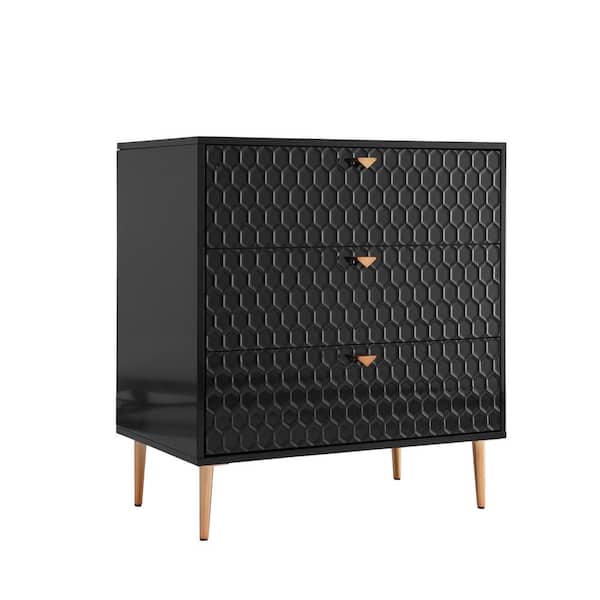 Boyel Living Black Honeycomb pattern 3-Drawers Storage Accent Chest with Golden Stands and Adjustable feet